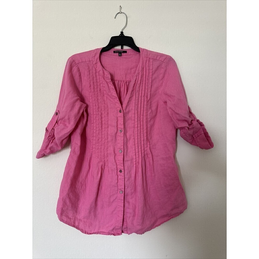Chaus Sport Top Linen women’s S Pink Roll Tab Sleeves Button up Pin Tuck Blouse